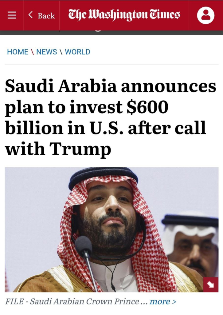 Wasington Times: Saudi Arabia announces plan to invest $600 billion in U.S. after call with Trump 